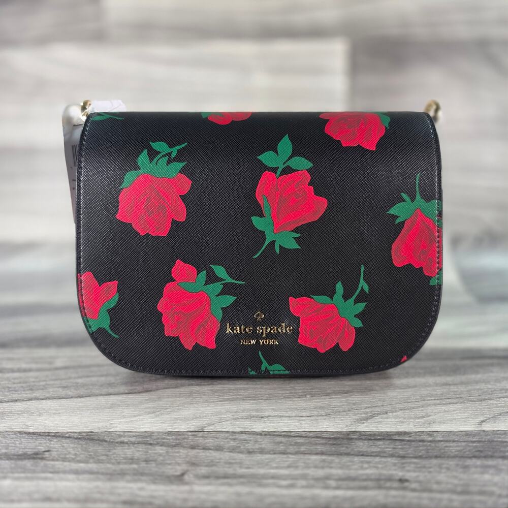 NWT Kate Spade Madison Rose Toss Print Saddle Bag Crossbody Purse Black KE533